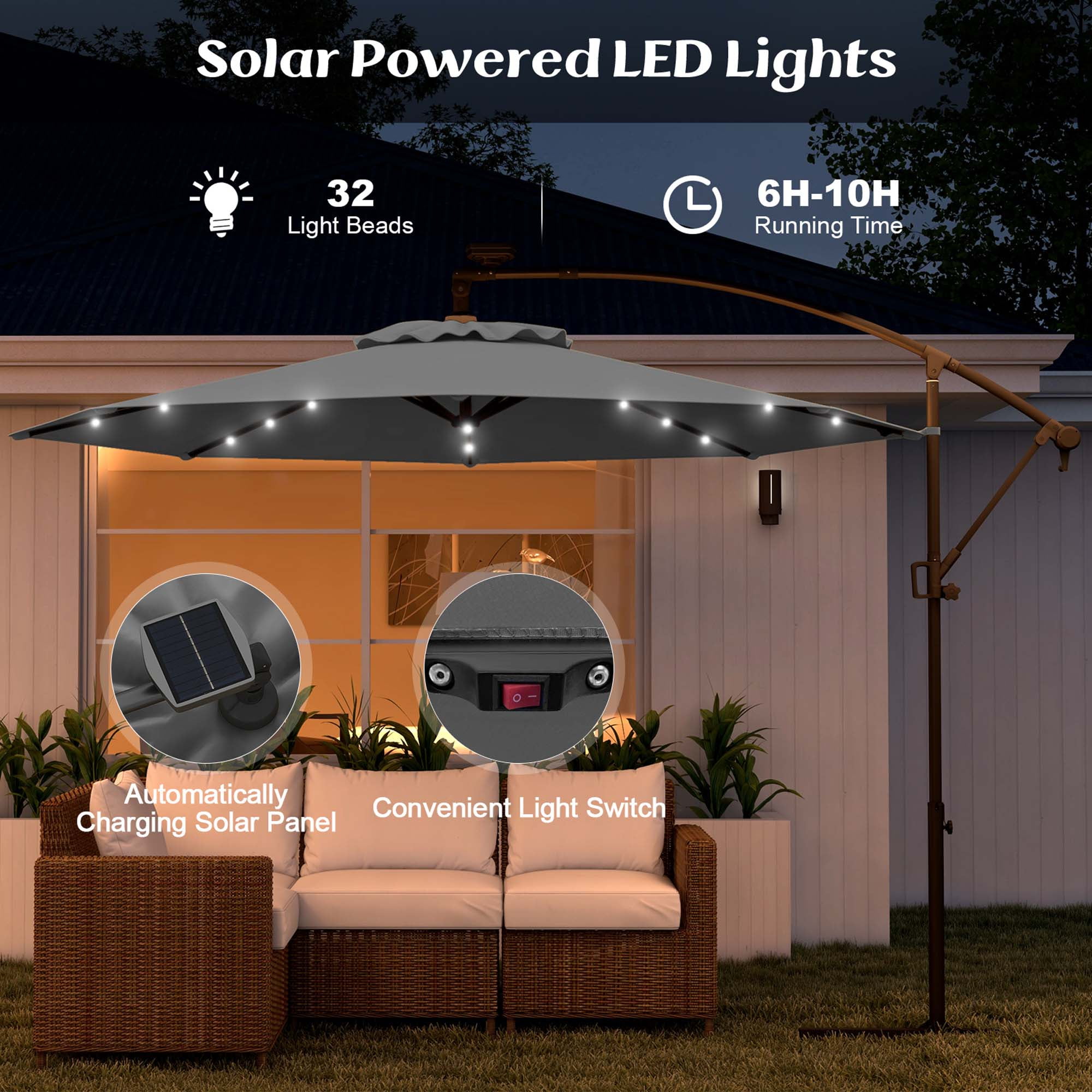 Costway 10FT Patio Offset Umbrella Sun Shade 32 Solar LED Light 360° Rotation Gray