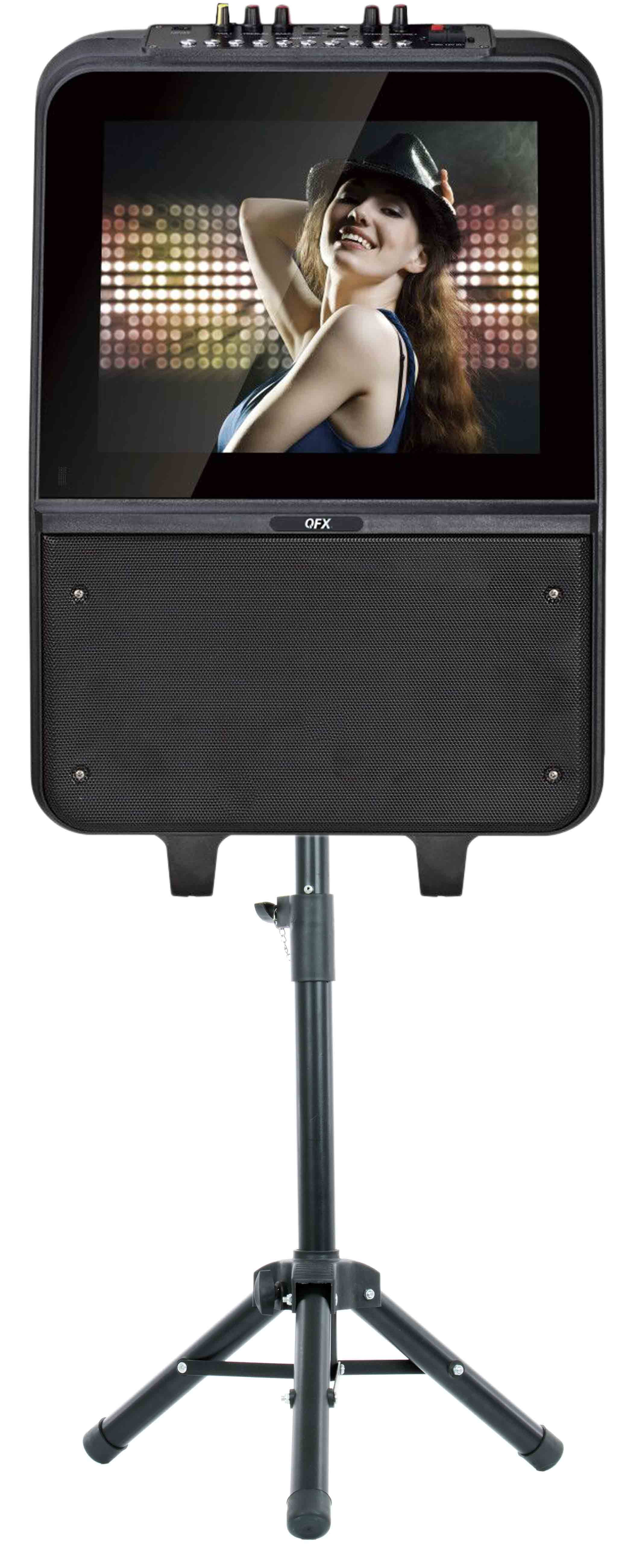 QFX KAR900 PORTABLE KARAOKE SPEAKER, 15" TOUCH SCREEN, STAND