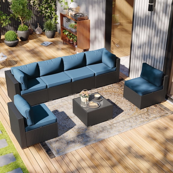 Clouddwell 7-Piece Patio Furniture Set on Sale, Black Rattan Wicker Outdoor Sectional Sofa Couch with Table Patio Conversation Set for Lawn& Backyard,Blue