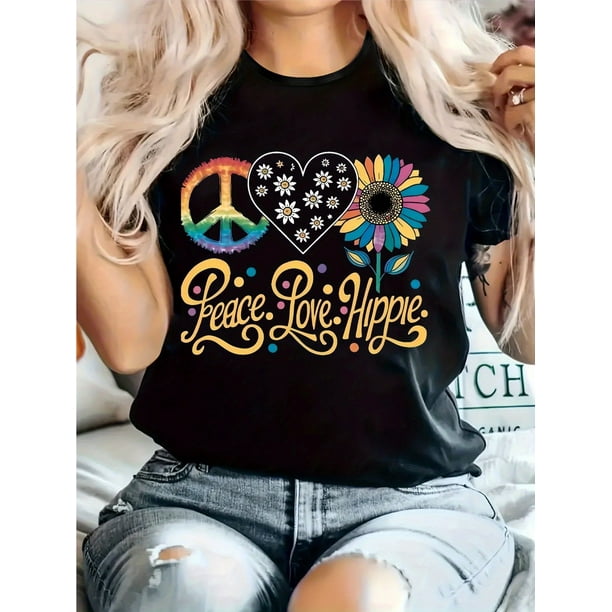 Women's Casual T-Shirt - Peace Love Hippie Graphic Print with Floral & Sunflower Design, Stretchy Fabric, Round Neck Short Sleeve Top for Spring Summer, Machine Washable, Breathable Fabric