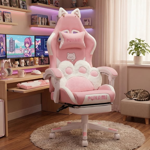 Waleaf Pink Gaming Chair with Cat Paw Lumbar Cushion and Cat Ears for Girls, Reclining Office Computer Chair with Footrest for Adults, Teens