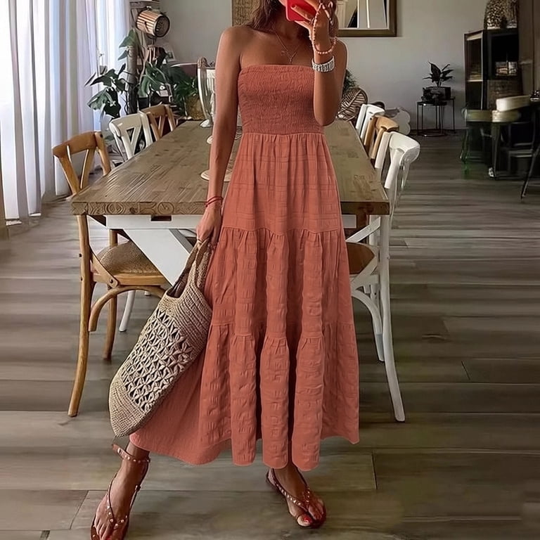 boho tube dress Fesfesfes Boho Dress for Women Pleated Tube Top Strapless Mini Dress Spring Dress Casual Off the Shoulder Beach Dress Solid Color Print, Women's, Size