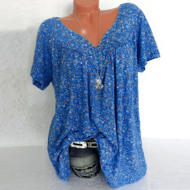 Tuscom Women's Plus Size Top Short Sleeve Blouse V-Neck Print Blouse ...