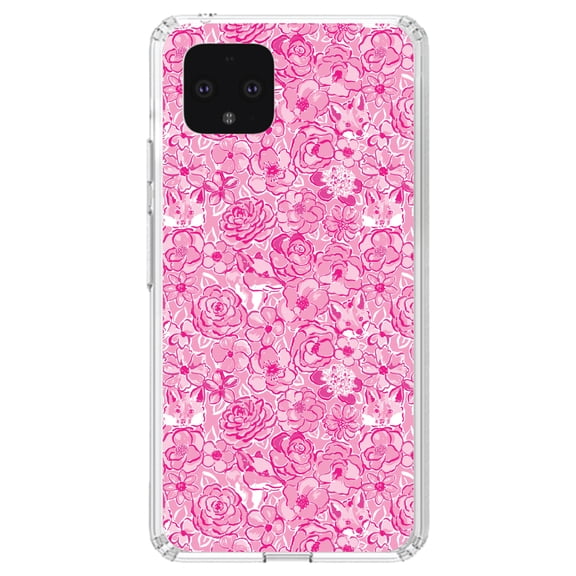 DistinctInk Clear Shockproof Hybrid Case for Google Pixel 4 (5.7" Screen) - TPU Bumper, Acrylic Back, Tempered Glass Screen Protector - Preppy Pattern - Pink & White Flowers Floral