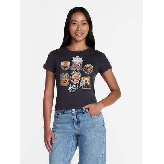 Halloween Stamp Women's Graphic Tee with Short Sleeves, Sizes XXS-XXL