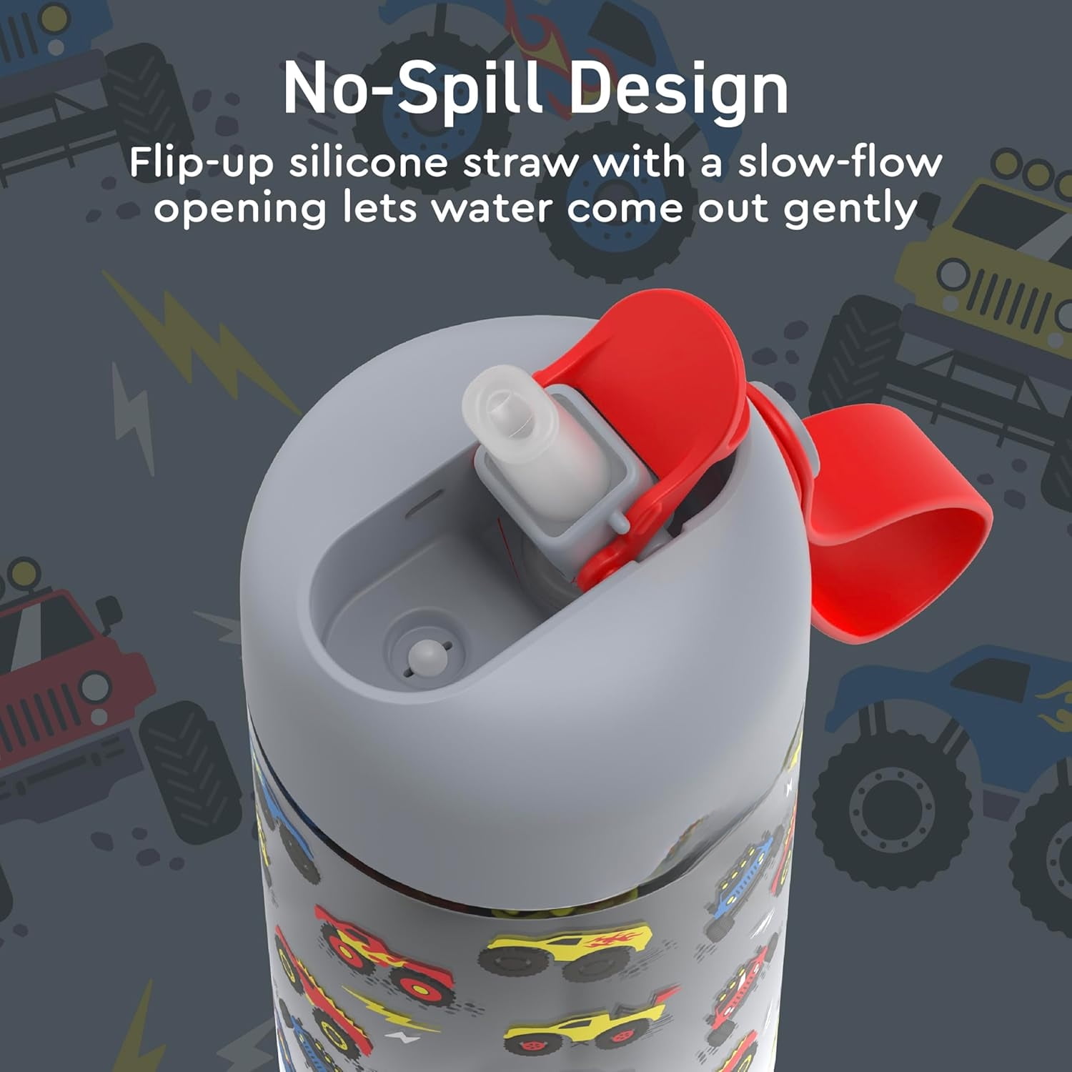 Kids Water Bottle - Leak-Proof, Durable Tritan, BPA-Free 15 oz. Cup for Kids/Toddlers Ages 3+, Safe Sip Spout, Carrying Handle, & Dishwasher Safe for School, Sports, Daycare & Camp (Trucks)