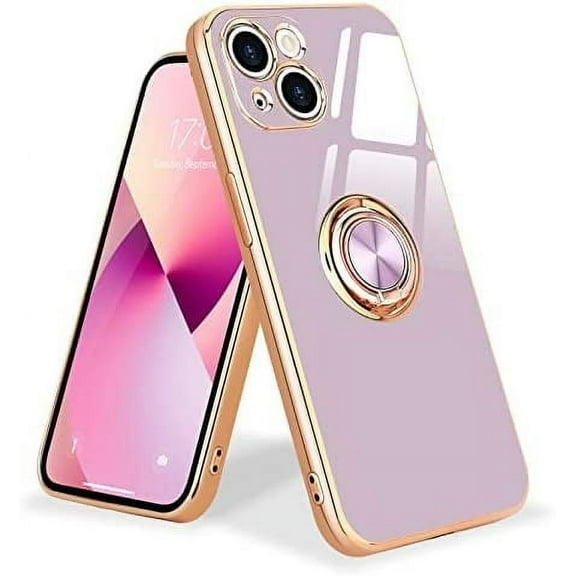 Compatible with iPhone 13 Case, Finger Ring Holder Case Rose Gold Plating Design for Women Girls Rotating Holder Kickstand Magnetic Shockproof Soft TPU Bumper Cover Case, Black