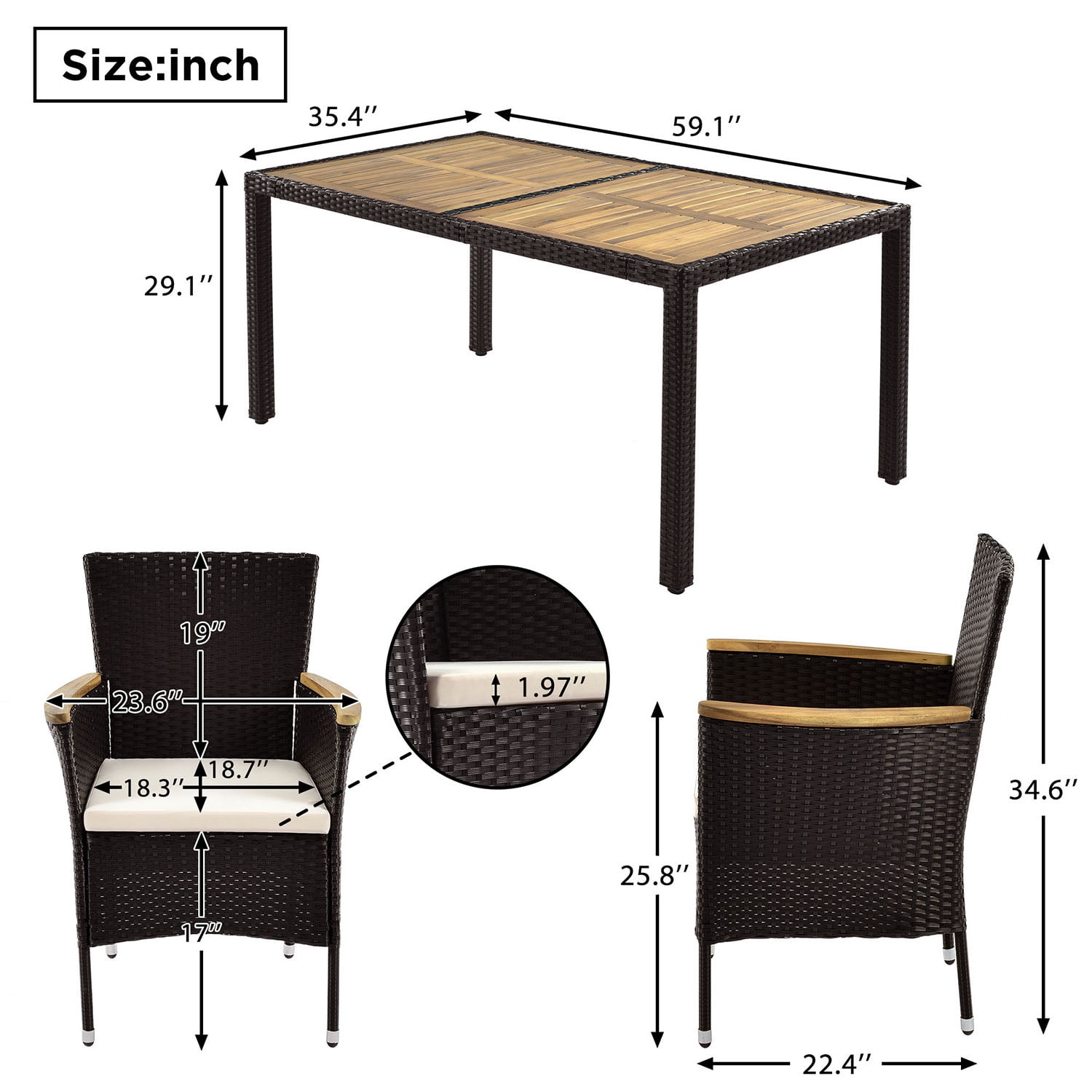Kadyn 7-Piece Outdoor Patio Dining Set, Garden PE Rattan Wicker Dining Table and Chairs Set for 6-Person, Stackable Armrest Chairs with Cushions, Brown