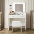 thumbnail image 1 of Ensemble de Coiffeuse avec Miroir Éclairé et Prise de Courant, 3 Modes d'Éclairage Réglables, 2 Tiroirs, Tabouret Rembourré et Support pour Séchoir à Cheveux, Table de Toilette Moderne pour Femmes, Blanc, 1 of 8