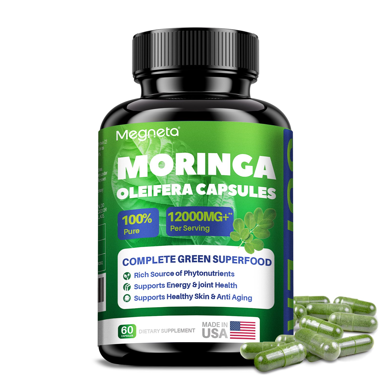 Megneta Moringa Oleifera Capsules 12000mg, 50:1 Concentrated Green Superfood Supplement with Black Pepper Extract for Daily Energy, Joint Health & Vitality, 60 Count