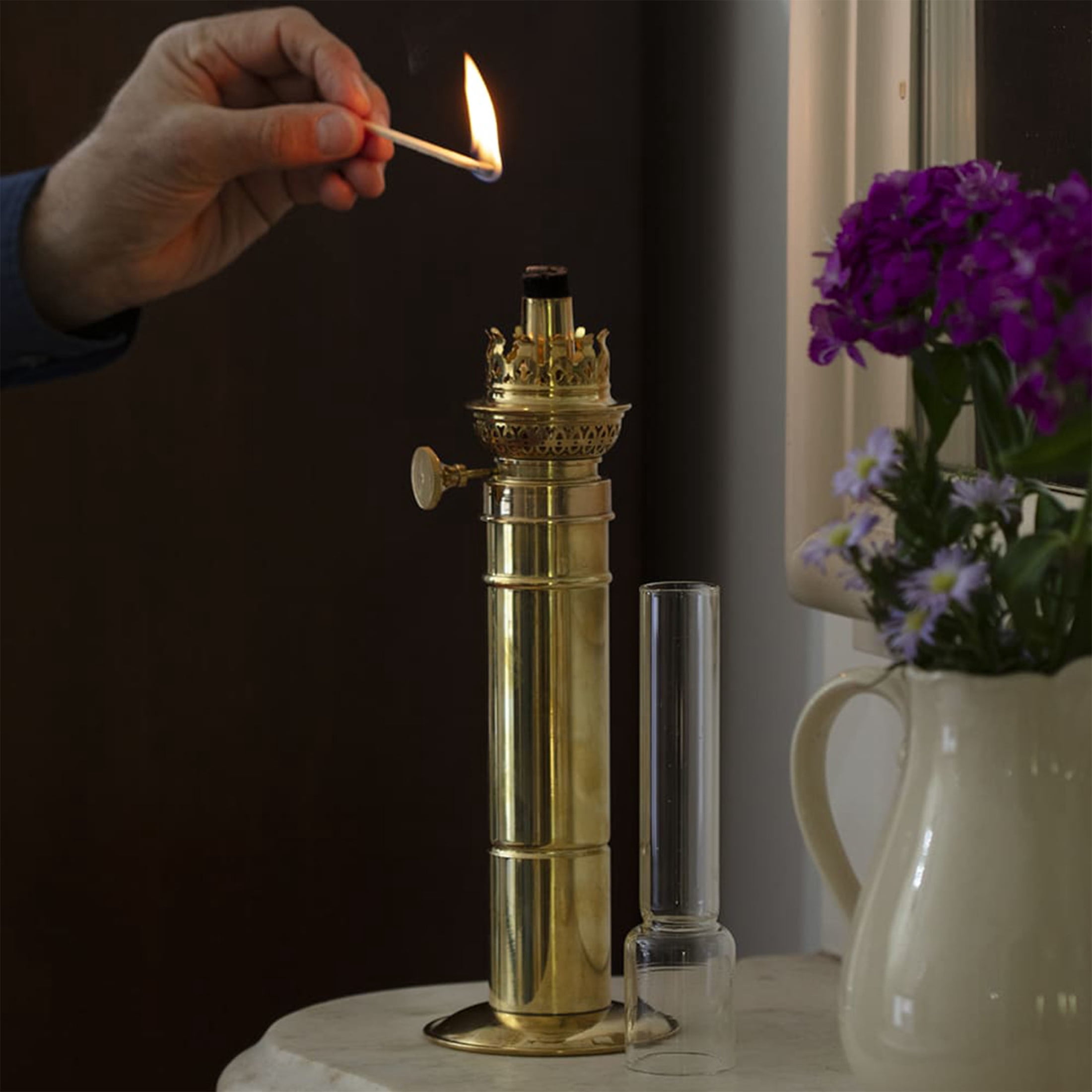 Kings County Tools 16” Tall Column Brass Oil Lamp for Indoor or Outdoor Use