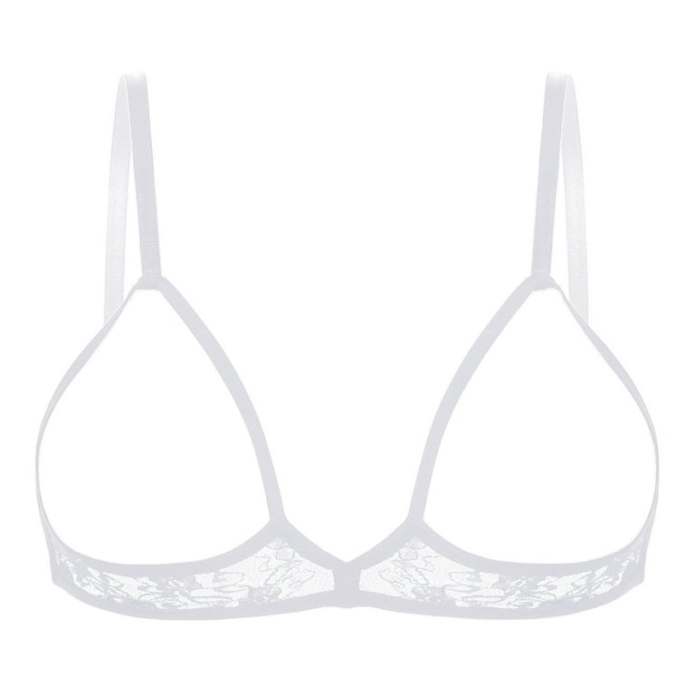 YONGHS Women's Sheer Mesh Floral Lace Nipple Split Wire-Free Wireless  Bikini Bra Triangle Bralette White 4XL 