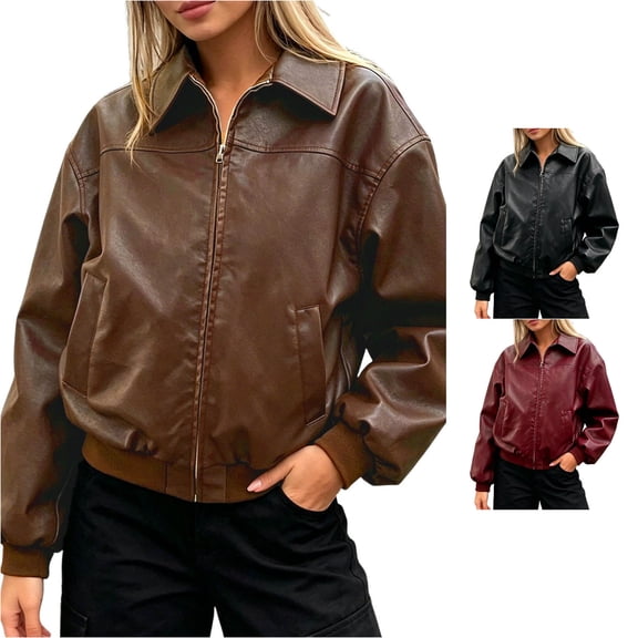 Jane Wardrobe Vintage Glossy Leather Jacket for Women, Turn-Down Collar Zip Up, Retro Bomber Outerwear with Side Pockets, 1 Piece, S-XXL, Plus Size Friendly