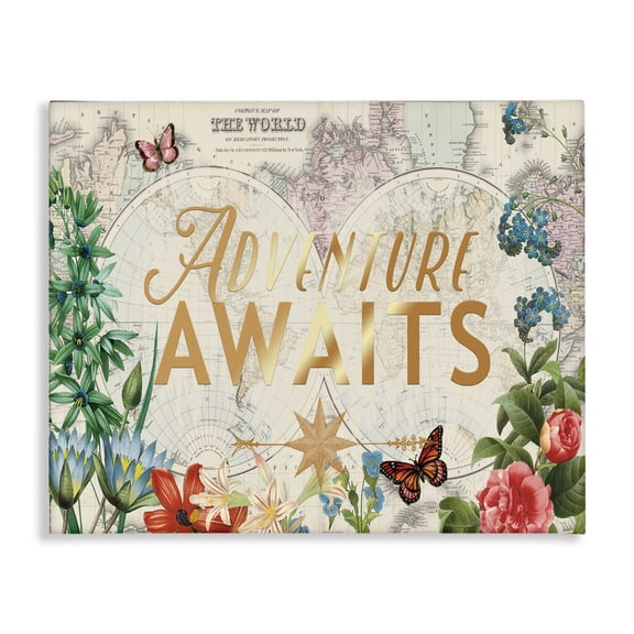 Stupell Industries Eclectic Adventure Awaits Floral Map Canvas Art, 20 x 16, by Ophelia and Company