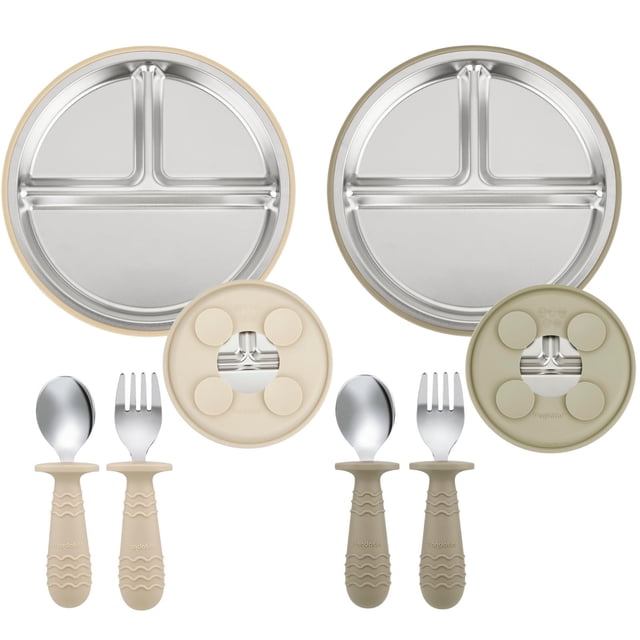 Set de alimentación para bebé PandaEar de acero inoxidable, 2 platos y 2 cucharas