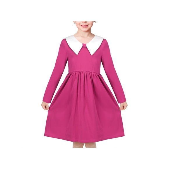 Vestido de Niña Rosa Blanco Cuello Diario Uniforme Escolar Cómodo Algodón Vintage 7 Años