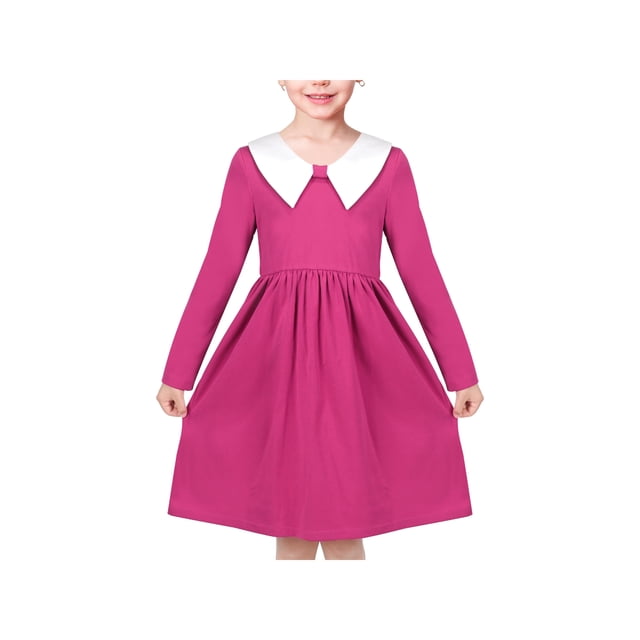 Vestido de Niña Rosa Blanco Cuello Diario Uniforme Escolar Cómodo Algodón Vintage 7 Años