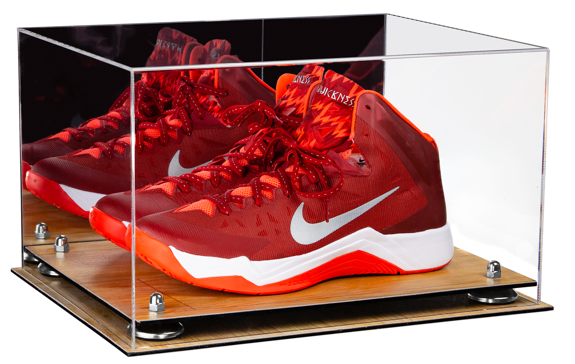 Deluxe Acrylic Basketball Shoe Pair Display Case with Mirror, Silver Risers and Wood Floor (A082