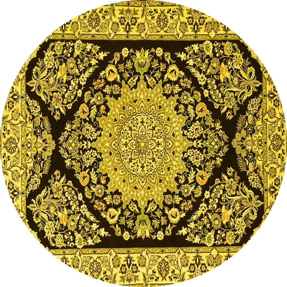 Ahgly Company Machine Washable Indoor Round Medallion Yellow Traditional Area Rugs, 6' Round