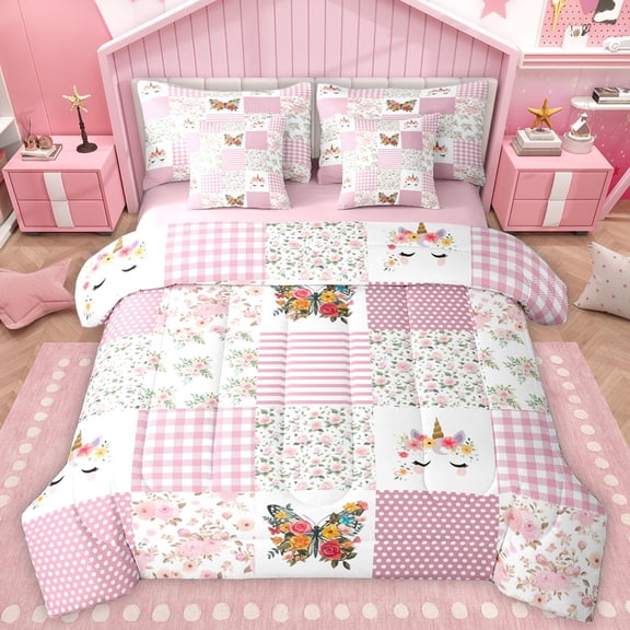 Homewish Cute Cartoon Unicorn 7-Piece Twin Bedding Sets,Rustic Flower Butterfly Bedding Comforter Set,Patchwork Geometric Plaid Sheet Sets For Girls Kids,Ultra Soft Home Decor Reversible