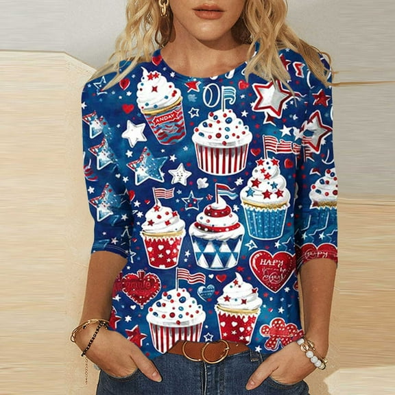 Ayolanni Summer Blouses for Women The Fourth of July 3/4 Sleeve Blouses & Tops Shirts for Girls L