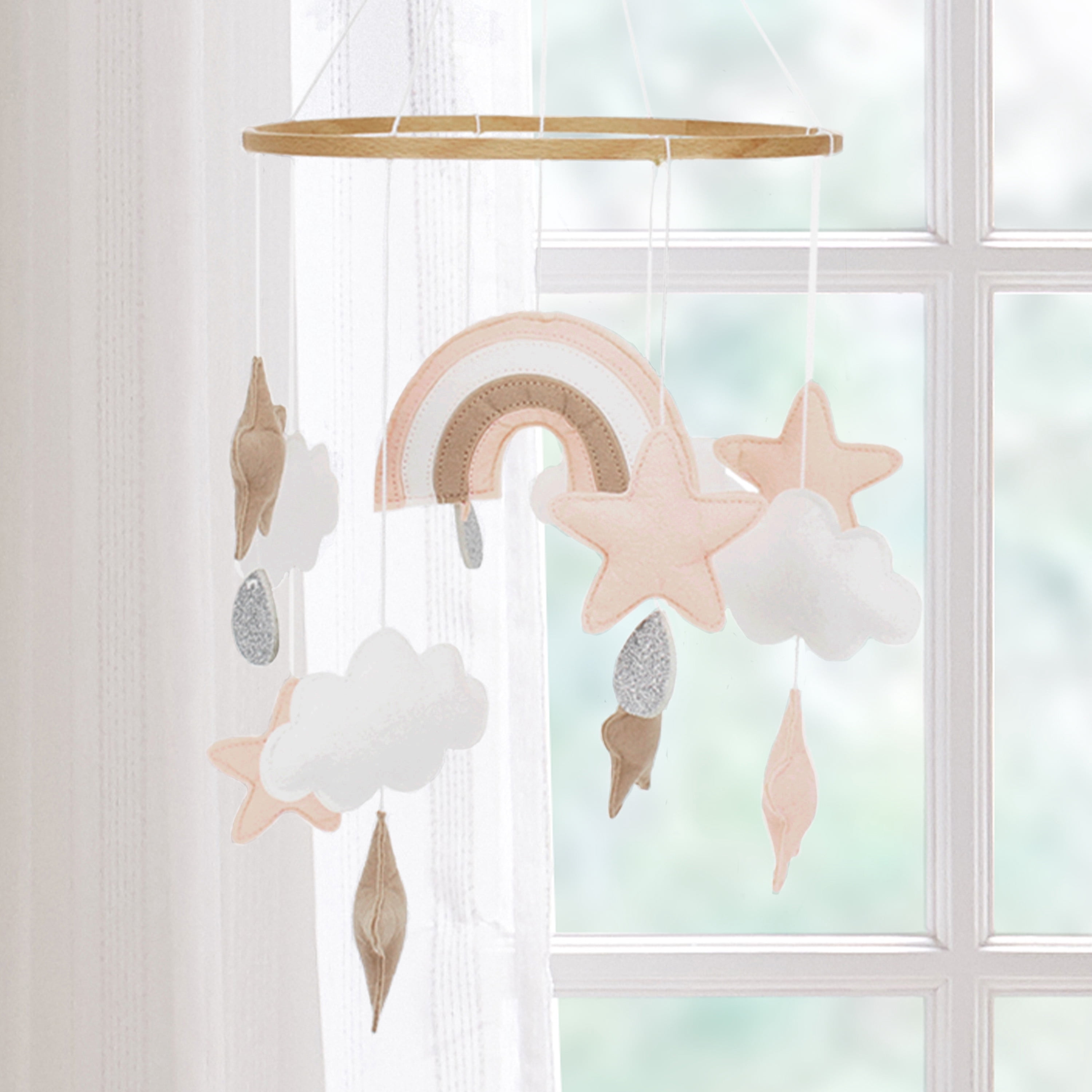 Levtex Baby - Over The Rainbow Baby Ceiling Hanging - Rainbows, Clouds and Stars - Pink, Taupe, White, Blush - Nursery Accessories