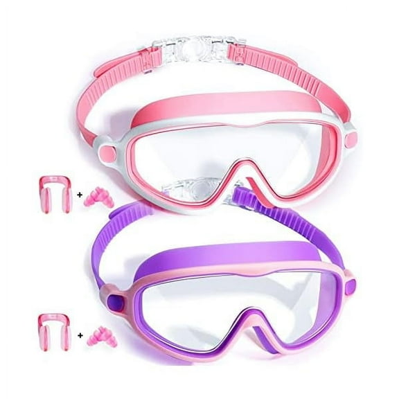 Swim Goggles 2 Pack Anti-Fog Anti-UV Wide View Swimming Goggles for Kids 3-15