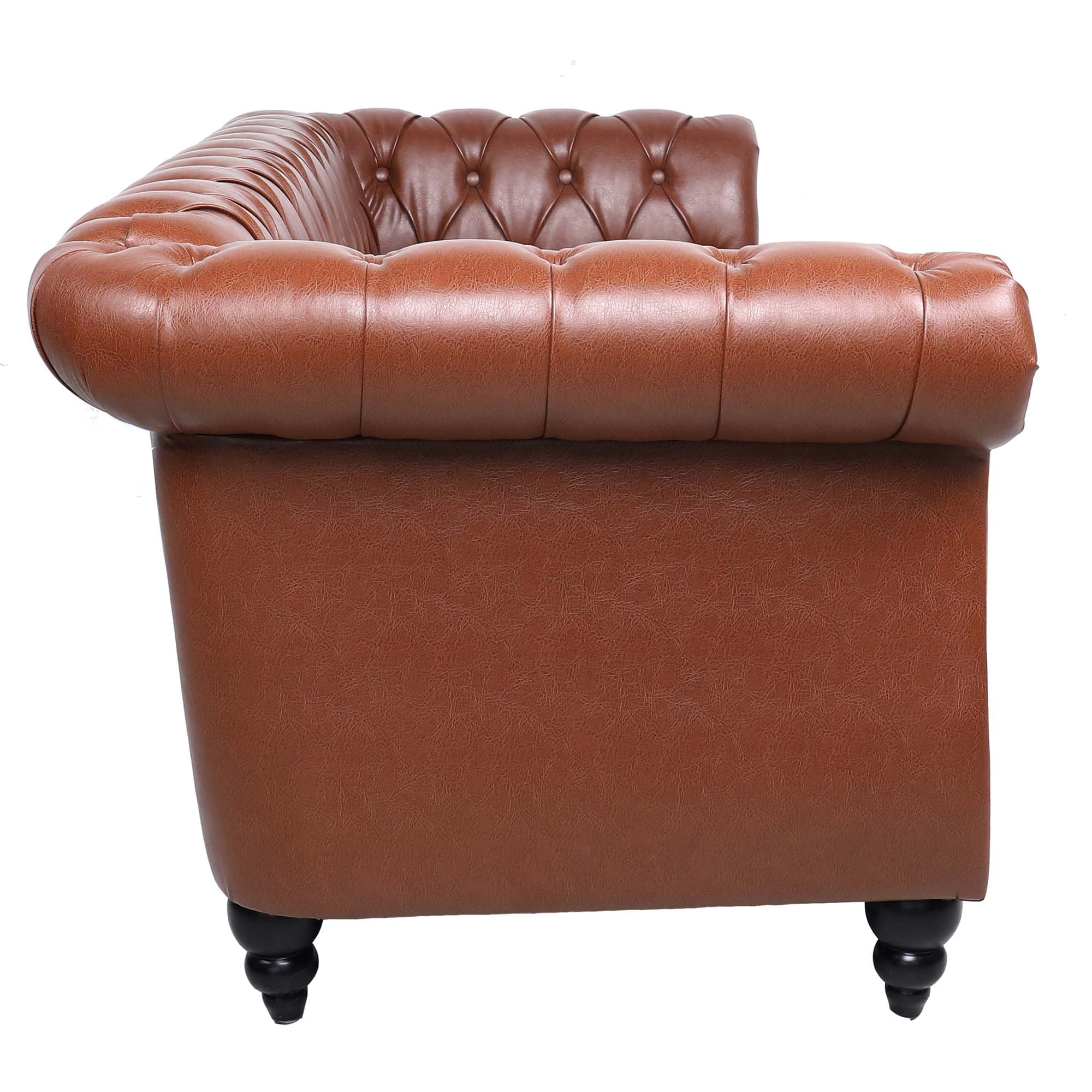 Miniyam 85" PU Rolled Arm Chesterfield 3 Seater Sofa, Brown