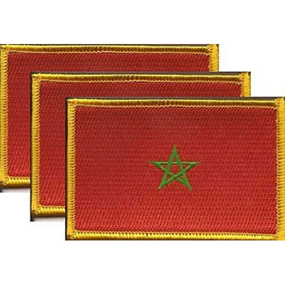 Pack of 3 Morocco Flag Patches 3.50" x 2.25", Moroccan Embroidered Iron On or Sew On Flag Patch Emblem