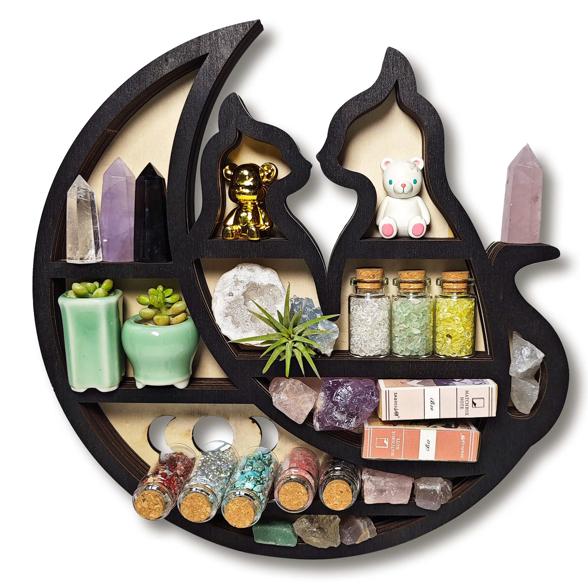 FNYDOX Wall Shelf, Cats on the Moon Crystal Display Shelf, Cute Knick Knack Shelf Wooden Gothic Floating Shelf Stone Storage Holder Organizer Aesthetic Home Wall Decor Gifts