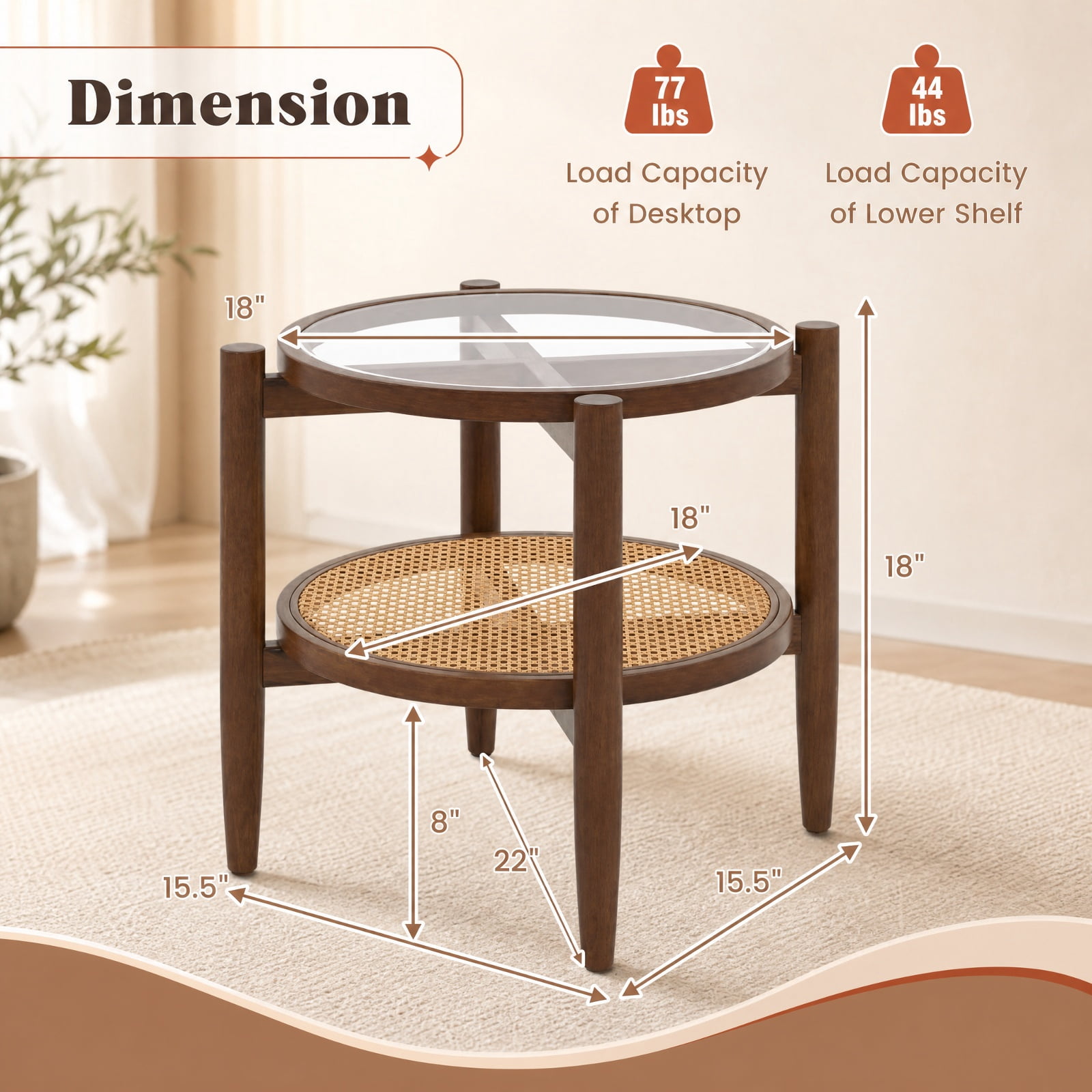 Furnibear Set of 2 Rattan Round Side End Table with Tempered Glass Top and Woven Shelf on Acacia Wood Legs for Living Room Bedroom, Walnut