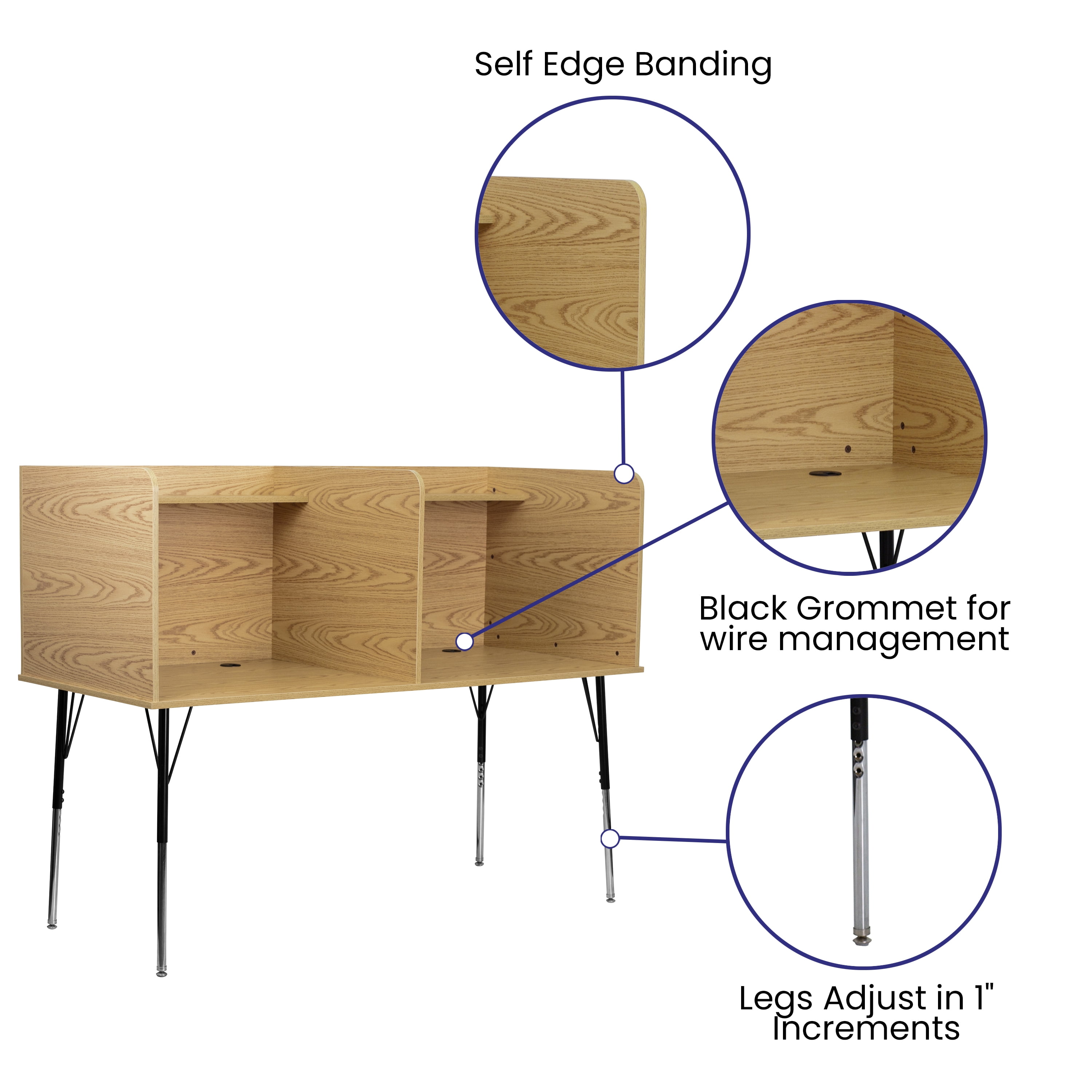 Flash Furniture Michael Stand-Alone Double Study Carrel with Top Shelf - Height Adjustable Legs and Wire Management Grommet - Oak Finish