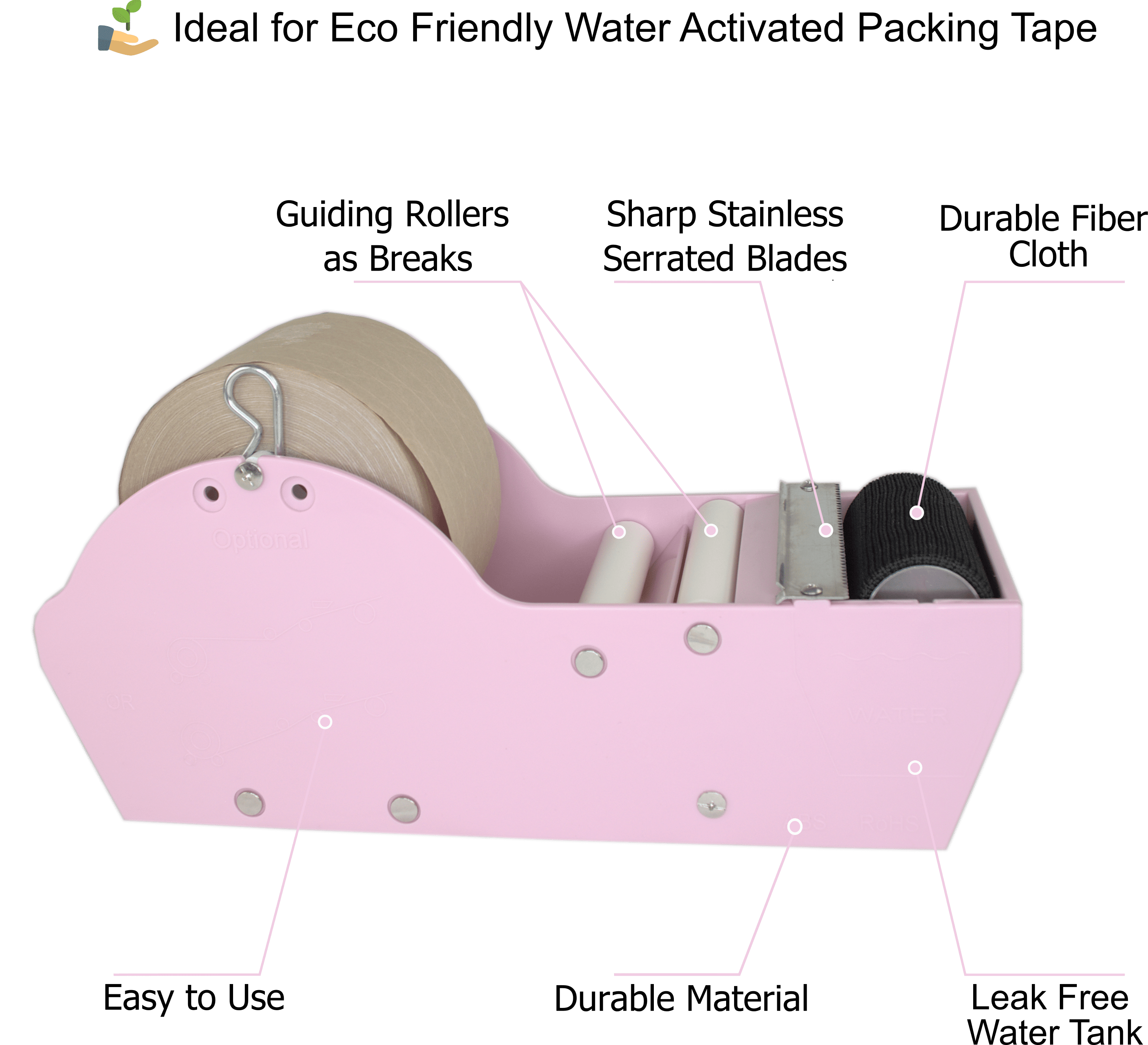 Water Activated Manual Desktop Gum Tape Dispenser Pink with Reinforced Kraft Paper Gummed Tape 2.75In x 75 feet Eco Friendly for Sealing Shipping Boxes