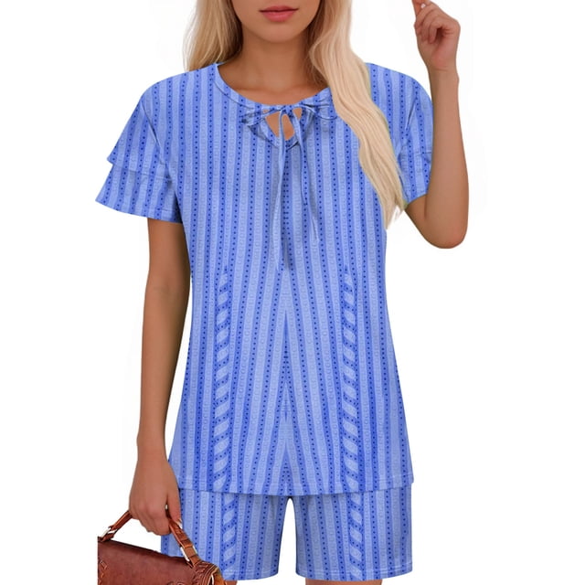 Ensembles de Pyjama pour Femmes 2 Pcs, Mode Décontractée pour Femmes Manches en Dentelle Imprimée Haut Décontracté Pantalon Ensemble de Pyjama