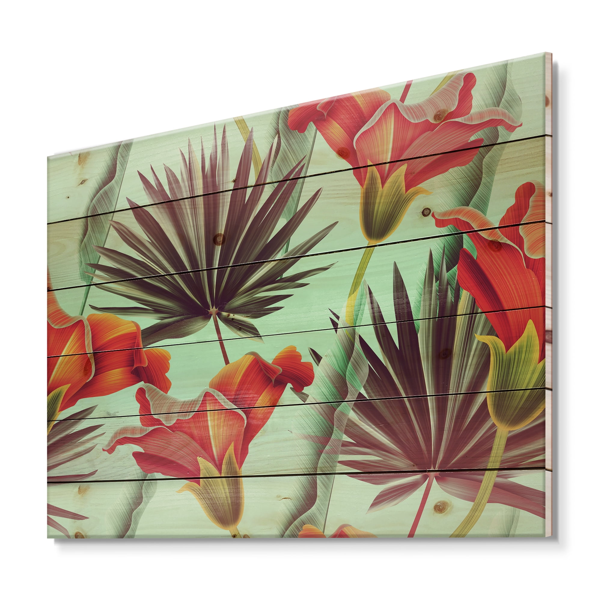 Designart 'VIntage Tropical Flowers VII' Traditional Print on Natural Pine Wood