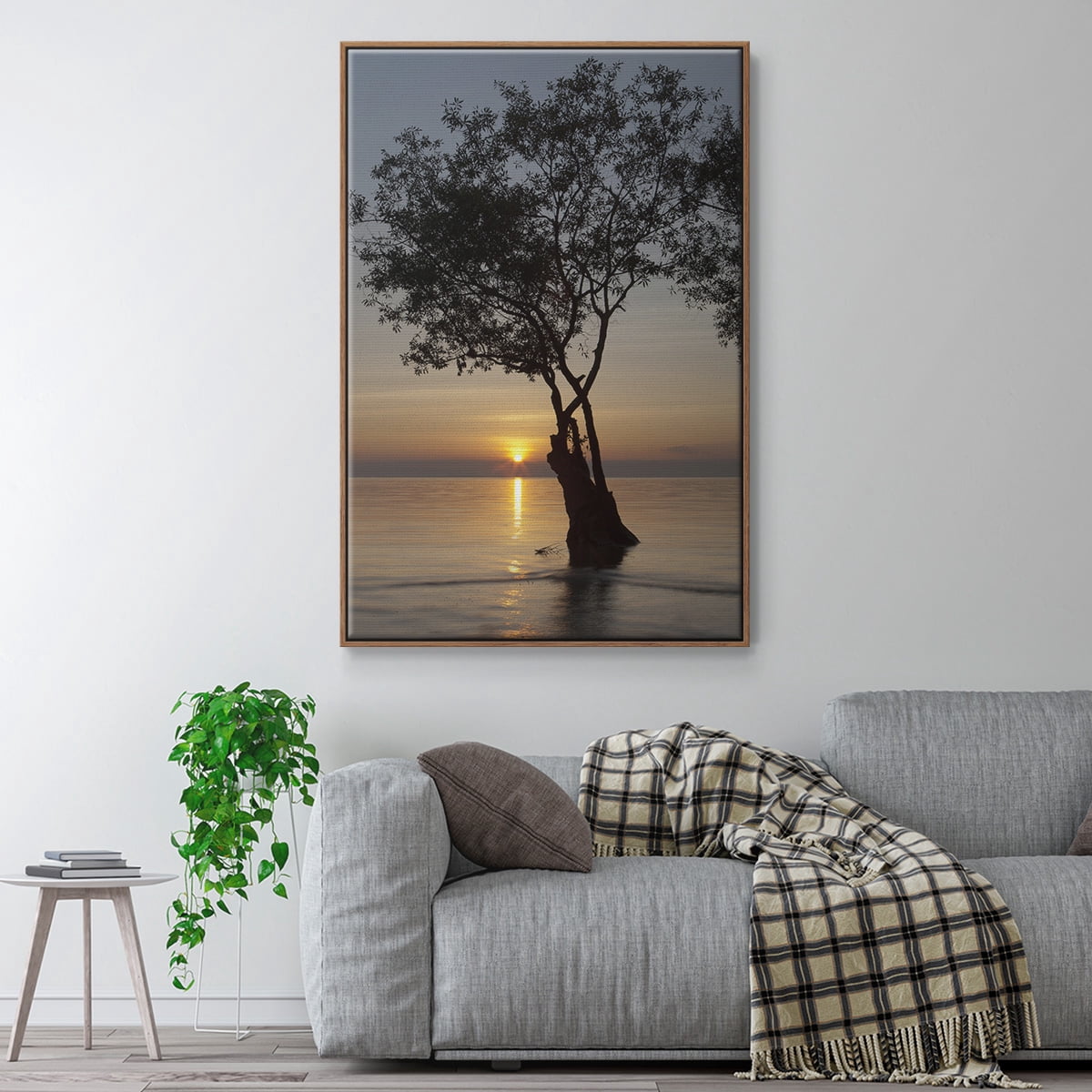 Sunset Silhouette Framed Premium Gallery Wrapped Canvas - Ready to Hang - 17 x 25 - Walnut Floating Frame