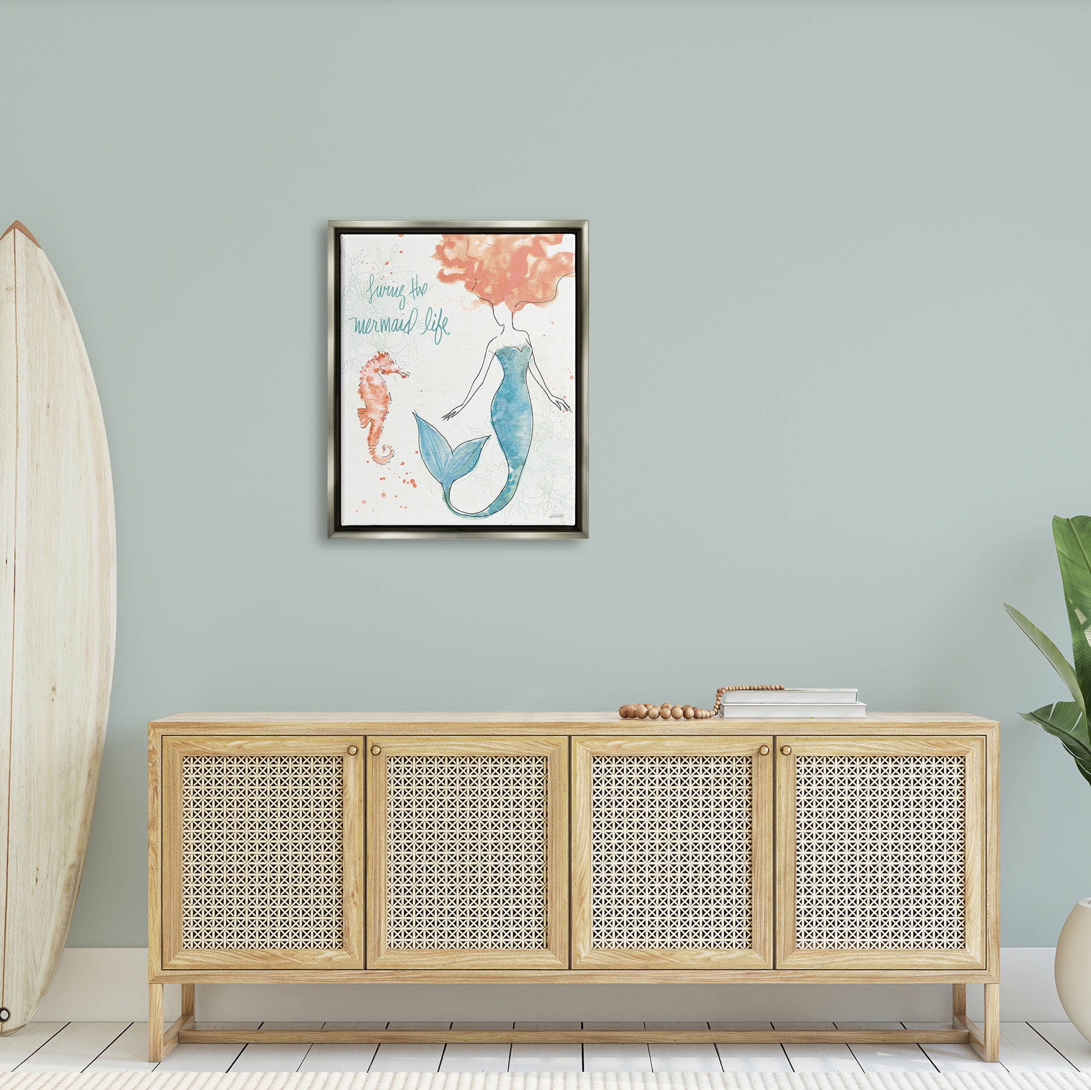 Stupell Industries Living The Mermaid Life Phrase Graphic Art Luster Gray Floating Framed Canvas Print Wall Art, Design by Anne Tavoletti