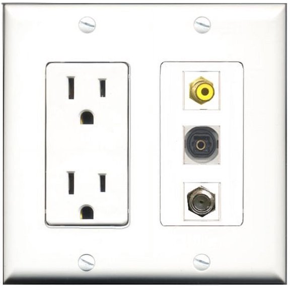 RiteAV - 15 Amp Power Outlet 1 Port RCA Yellow 1 Port Coax 1 Port Toslink Decorative Wall Plate