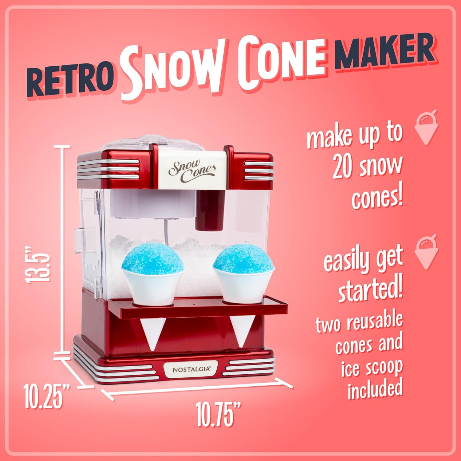 Retro Snow Cone Shaved Ice  - Metallic Red Table-Top Slushie Maker with Stainless Steel Blades