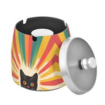 Yayeee Ashtray with Lid for Cigarette Smokeless Stainless Steel Home Ash Holder, Colorful Black Cat