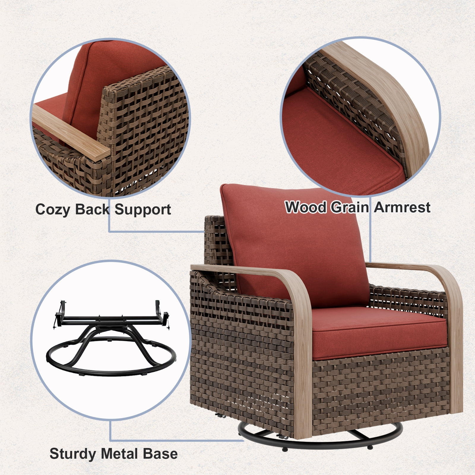 COOS BAY 5 Piece Brown Wicker Patio Sofa Set Outdoor Rattan Furniture Conversation Set Loveseat, Swivel Glider Chairs and Ottomans with Red Cushions