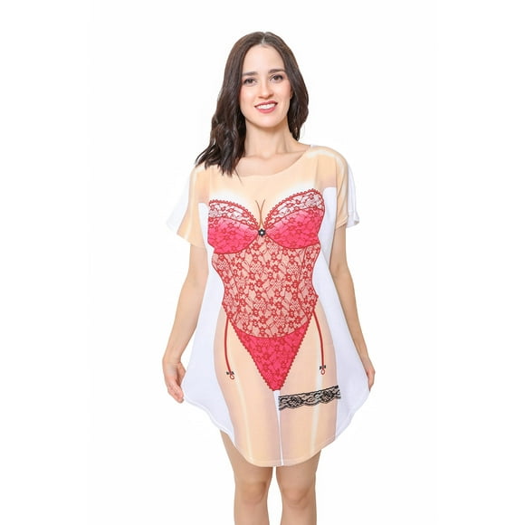 The Original Women's Bikini Shirt - Funny Bikini Print Bathing Suit Cover-up Beach Tshirt Dress for Women Men (Red Lingeriee One Size)