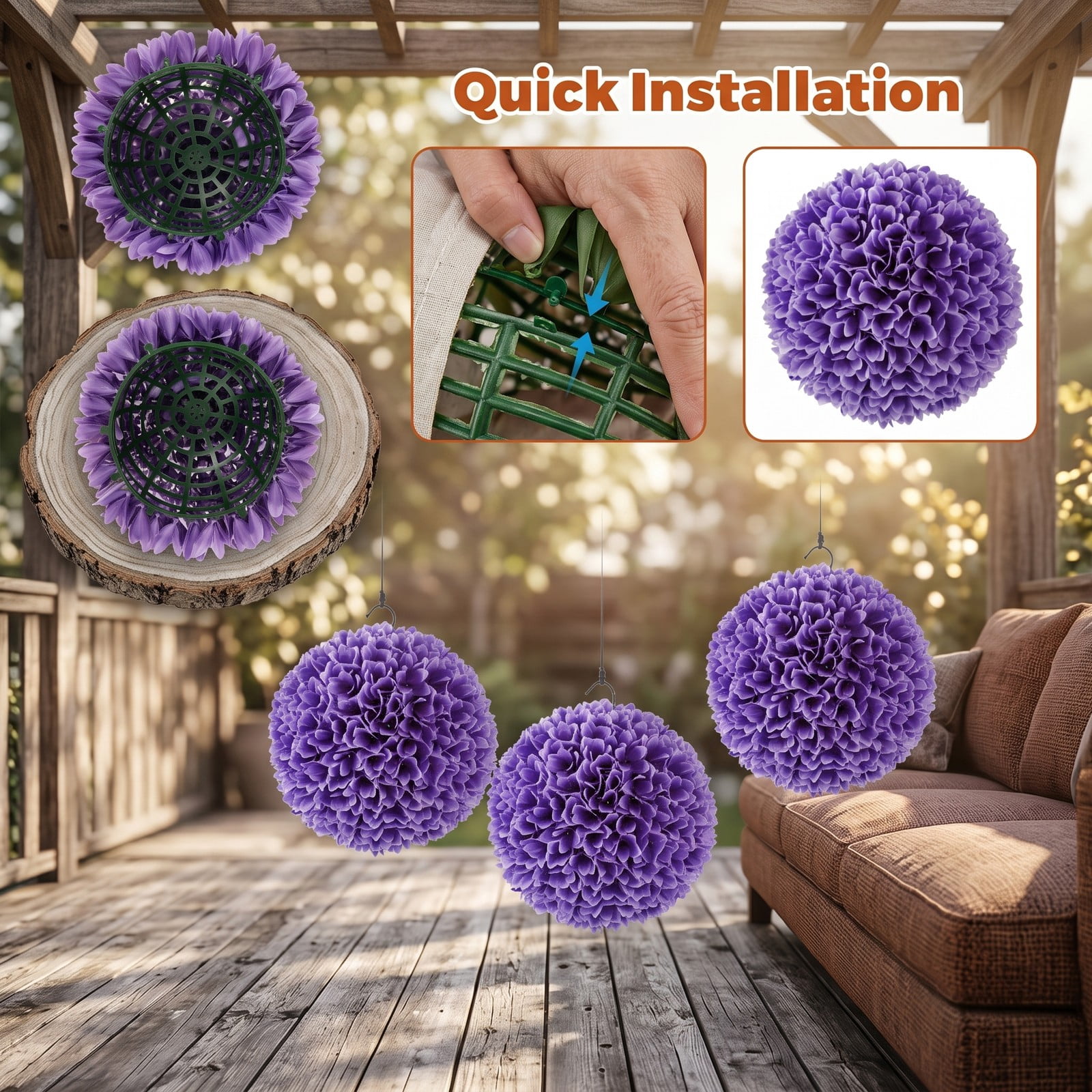 ALPULON 2 Pcs Artificial Plant Topiary Balls Faux Boxwood Decorative Balls, 11 Inch Lifelike PE Greenery Spheres for Indoor Outdoor Porch Yard Home Wedding, Purple