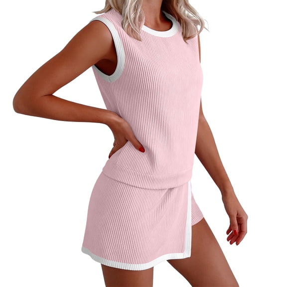 LEWKW 2 Piece Shorts Sets for Women Sleeveless Ribbed Tank Top & Split Hem Shorts Summer Lounge Wear Contrast Trim Yoga Gym Matching Outfits