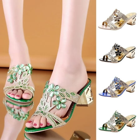 

Cethrio Women s City Heel Sandals- Slides Sandal with Rhinestone Heel Chunky Heel Heel on Clearance Wide Width Khaki Dressy Sandals/ Slides Size 8.5