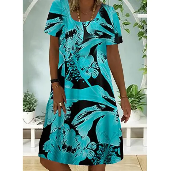 Nyfairy Women's Teal Floral Print Short Sleeve V-Neck Flowy Midi Dress