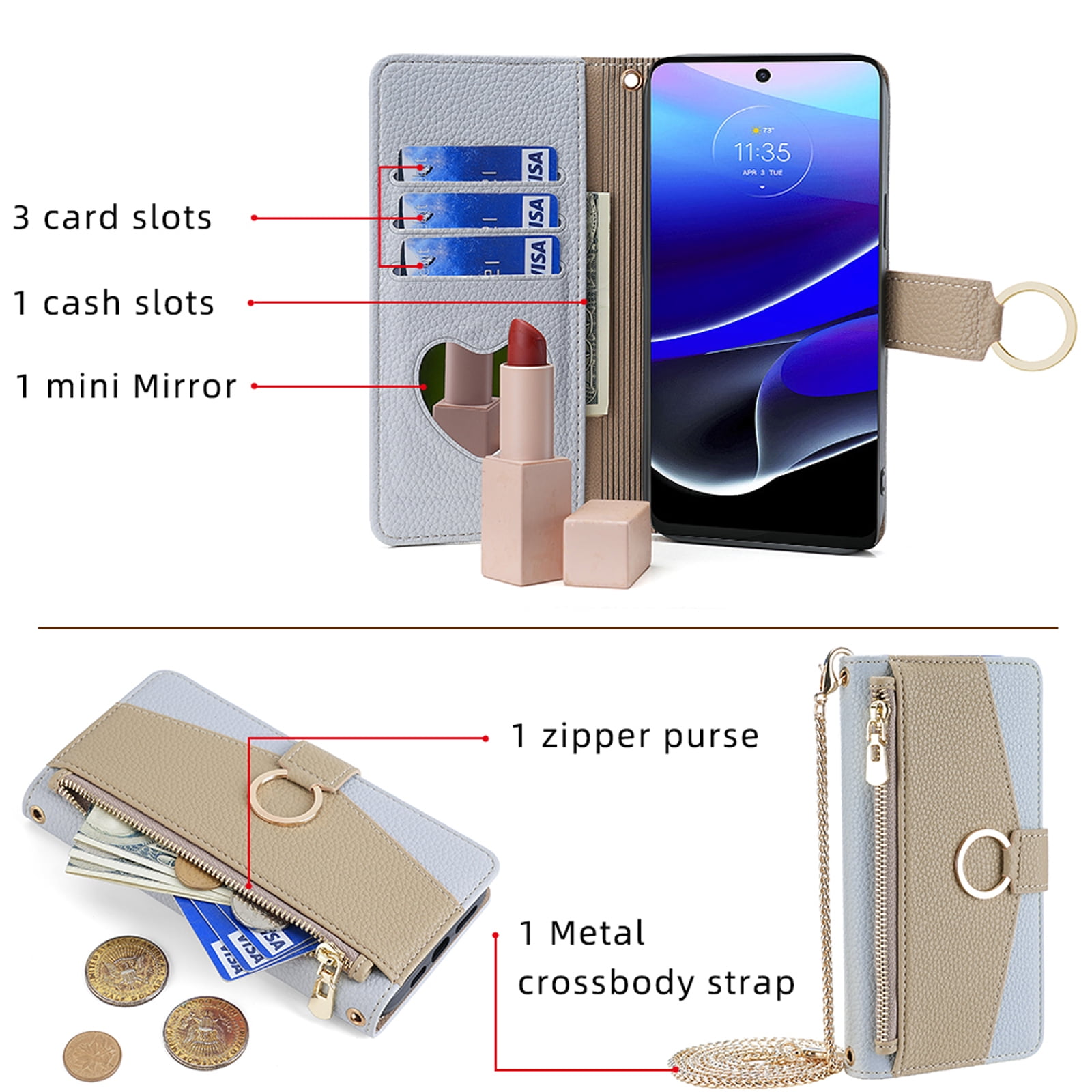 Phone Case for Samsung Galaxy A25 5G Zipper Wallet Cover with Make-up Mirror, Flip Cover PU Leather Ring Card Holder Kickstand Crossbody Strap Chain Cell Phone Case Cover for A25 5G, Blue