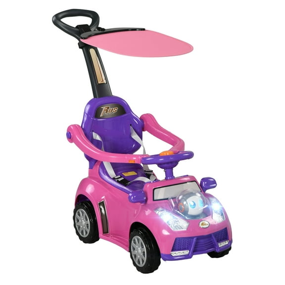 Qaba Push Car for Kids 1-3 Years, 3 in 1 Ride on Sliding Car, Foot to Floor Baby Push Car with Removable Handle, Music, Horn, Canopy, Safety Guardrail for Boys and Girls, Pink