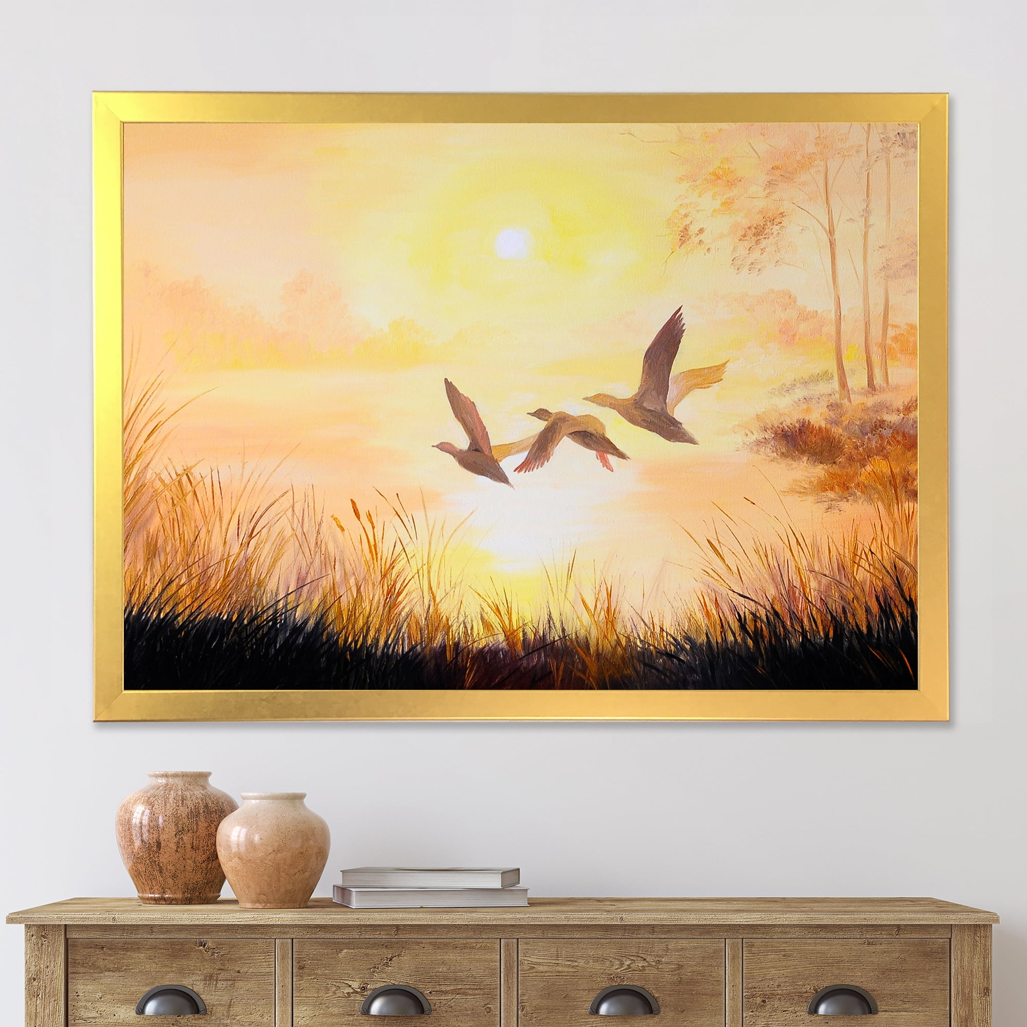Designart 'Three Cranes Flying Through Warm Sunset' Traditional Framed Art Print