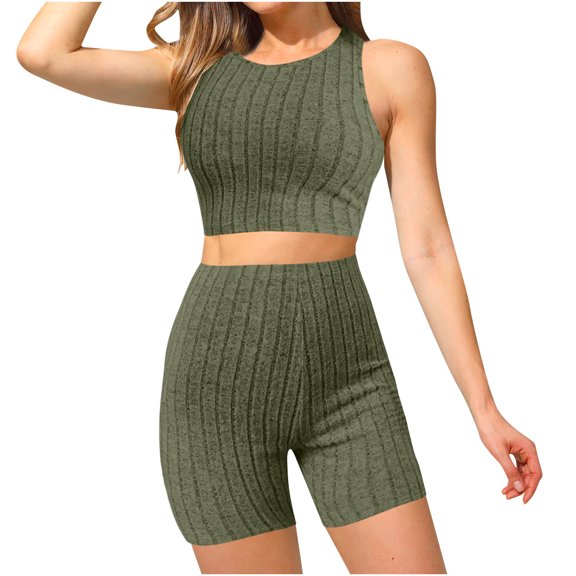 LOVZFMLL Workout Sets for Women Round Neck Sleeveless Crop Tank Top and High Waist Biker Shorts Sets Athletic Yoga Matching Clothing for Summer Army Green L